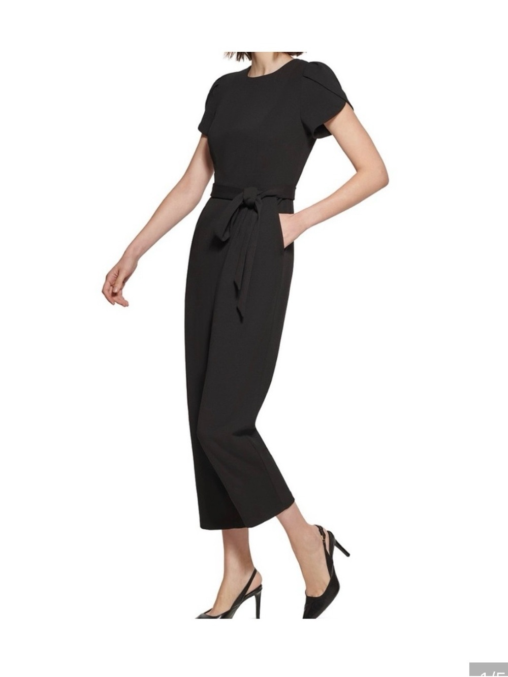 Calvin Klein Black Short-Sleeve Tie-Waist Cropped Jumpsuit